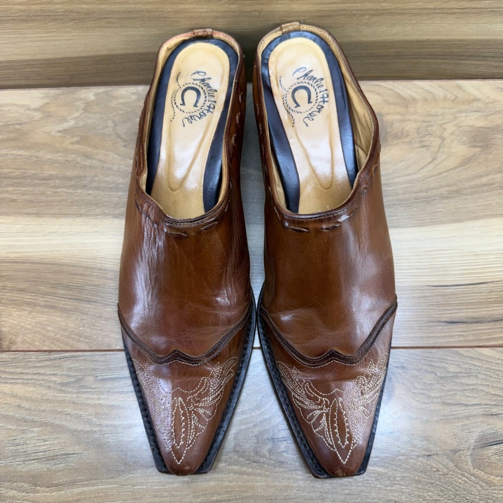 Charlie 1 Horse Brown Leather Western Shootie Women 9 B Snip Toe Mule Rodeo Boho